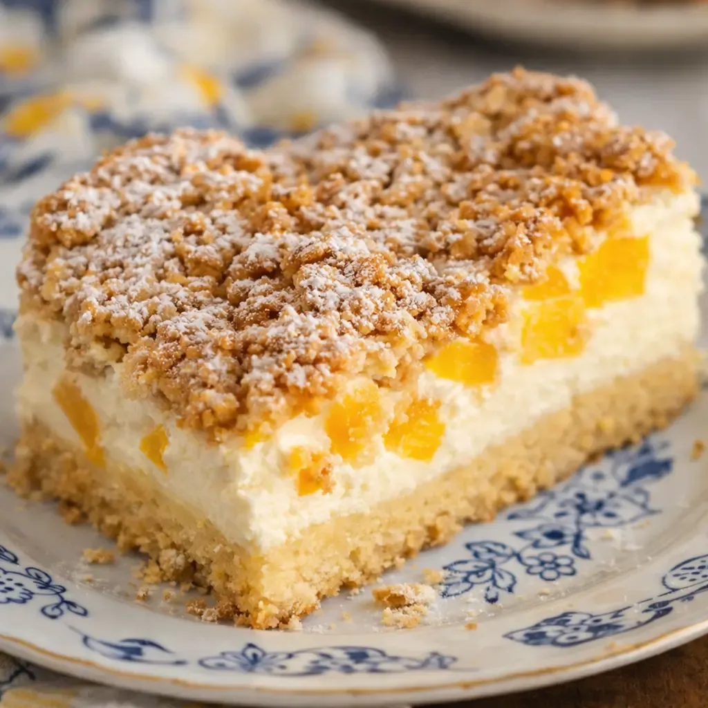 Kawałek sernika z wiaderka z brzoskwiniami i pianką bezową na talerzyku